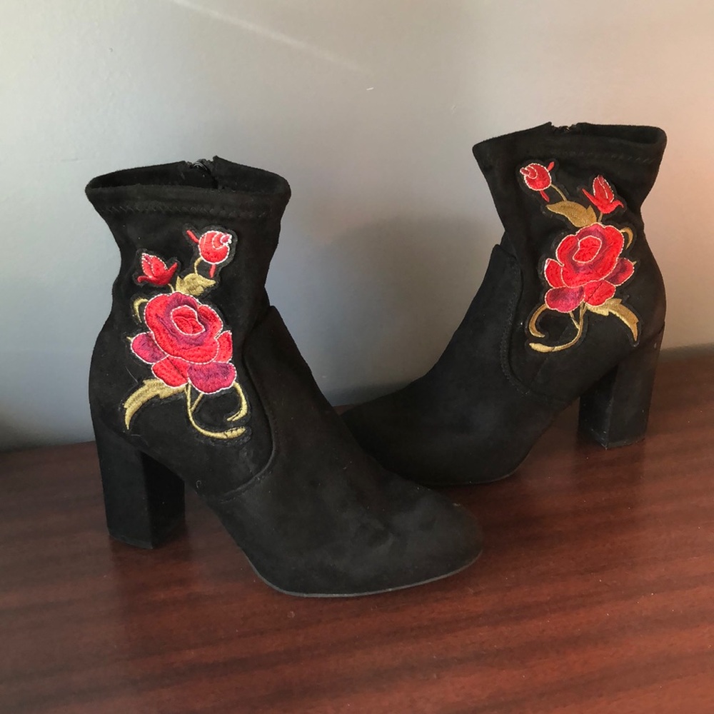 Black Suede Embroidered Booties